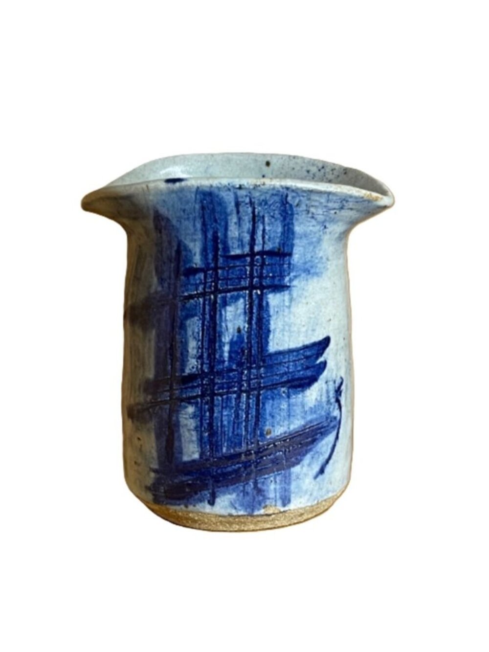 Vintage Salt Glaze Studio Pottery Crock Jar 6” Cobalt Blue Plaid Folk Art Vessel